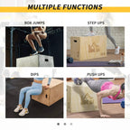 Natural wooden plyometric jump box used for box jumps, step ups, dips, and push-ups