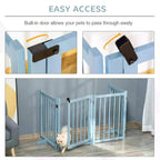 Blue dog gate barrier with built-in door latch and vertical bars