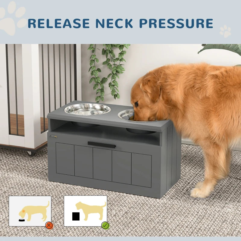 Grey raised dog bowl station with two stainless bowls for dogs to eat from