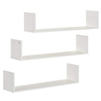 White set of three U-shaped floating wall shelves with open cubby design