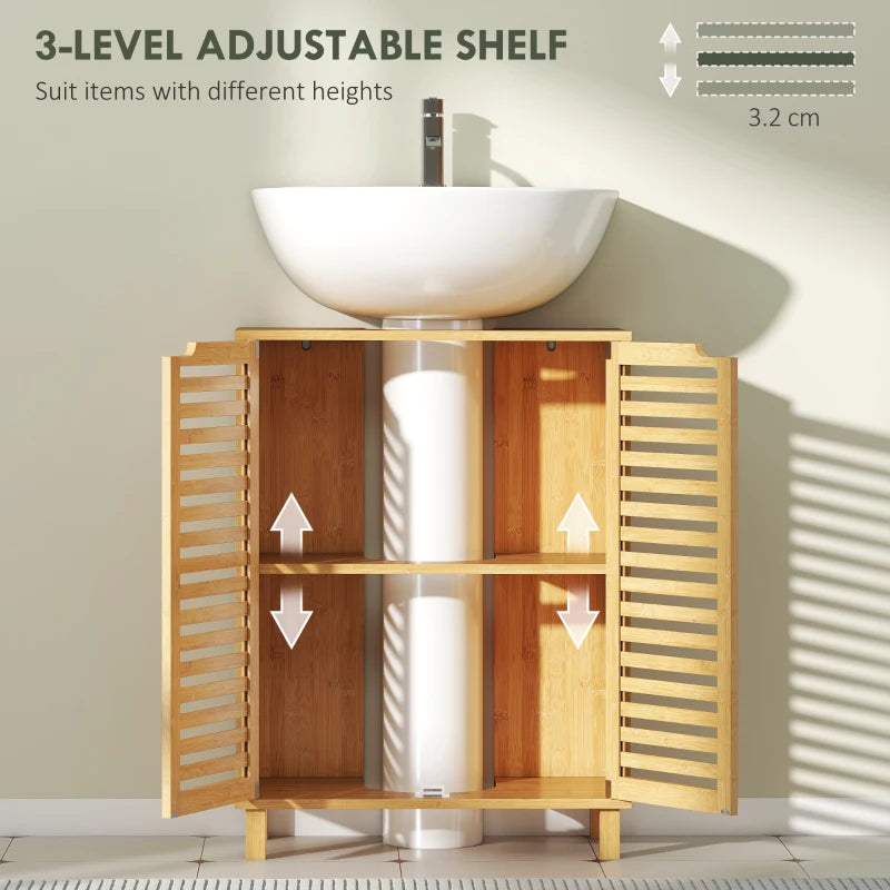 Under-sink cabinet with natural wood louvered doors and 3-level adjustable shelving