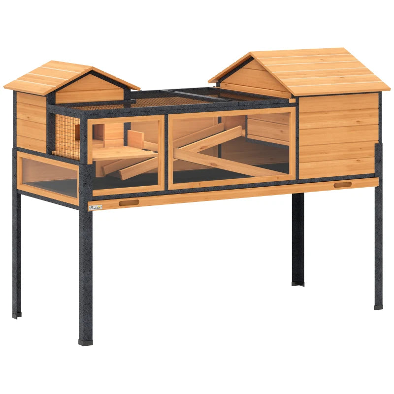 Two-level wooden tortoise enclosure with stand, mesh panels, yellow ramp sections