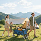 Blue folding trolley cart with adjustable handle and large wheels