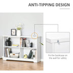White bookcase corner with anti-tipping wall anchor bracket and open storage compartments.