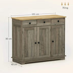 Grey wood-effect sideboard cabinet with rubber-wood top and black round knobs.