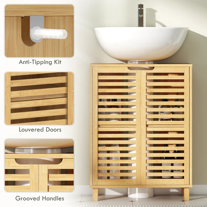 Natural wood under-sink cabinet with louvered doors, grooved handles, and anti-tipping kit