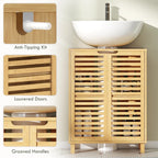 Natural wood under-sink cabinet with louvered doors, grooved handles, and anti-tipping kit