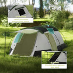 Camping tent with two doors and two windows, green and white with dark panels