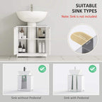 White under-sink storage cabinet with open shelves and interior compartments for bottles
