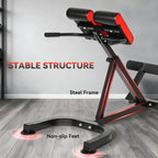 Red-trim hyperextension bench with padded back, steel frame, and non-slip feet