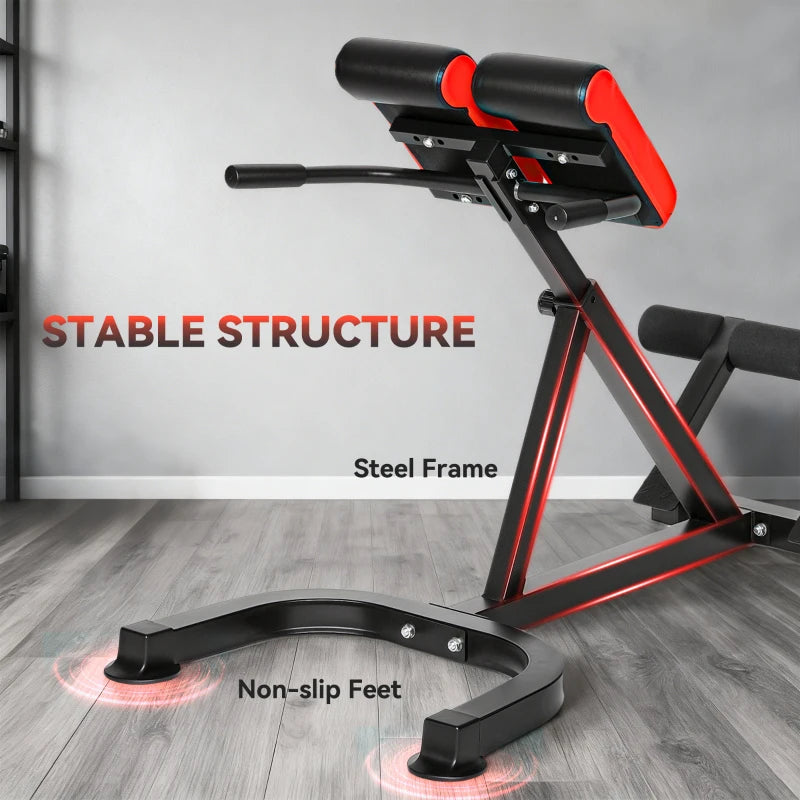 Red-trim hyperextension bench with padded back, steel frame, and non-slip feet
