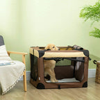 Brown foldable pet carrier with mesh sides and top open door; dog resting on cushion