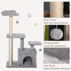Light grey cat tree tower showing sisal posts, hanging balls, and soft plush surfaces