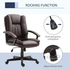 Brown mid-back office chair with curved armrests, rocking base and control for locking