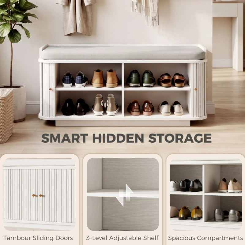 White shoe storage bench cabinet with open compartments and adjustable shelves
