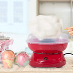 Red electric cotton candy machine with clear lid, spinning head, and cotton candy