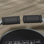 Foldable ab crunch trainer with two black padded hand supports on a round cushion.