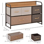 Front view of five-drawer dresser with wood top, linen fabric bins in beige and dark gray