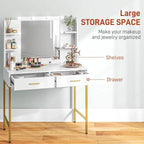 White vanity desk with lighted mirror, shelves and drawers for makeup storage