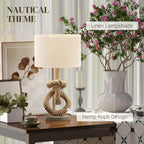 Hemp rope design LED table lamp with linen-style shade on a nightstand