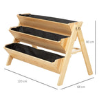 Three-tier raised wooden planter with black fabric liners and metal hooks on side