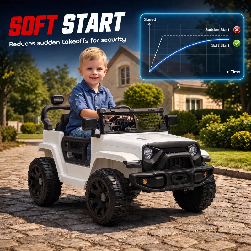 White electric kids ride-on car with steering wheel and front headlights