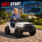 White electric kids ride-on car with steering wheel and front headlights