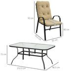 Beige cushioned armchair and black dining table with dimensions shown