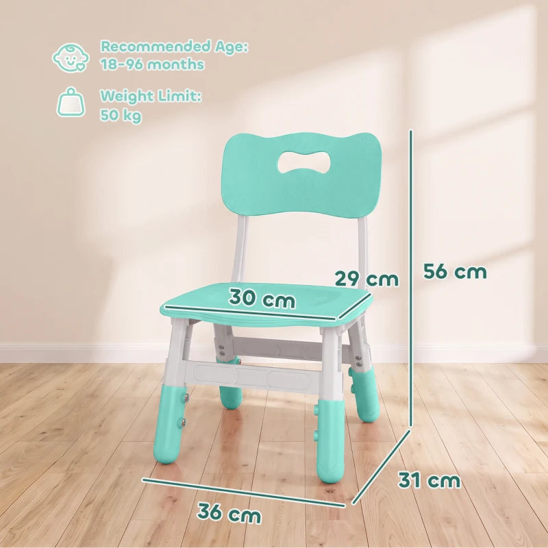 Green adjustable kids desk chair with backrest and white frame, single chair view