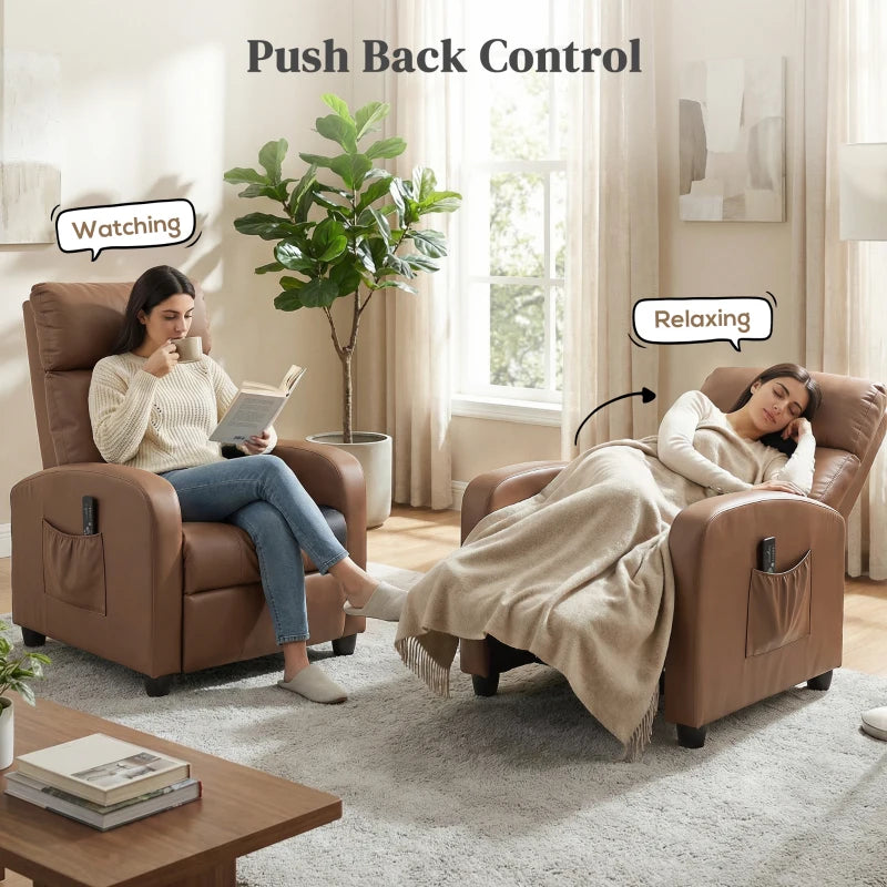 Dark brown faux leather push-back recliner armchair with side pocket and control