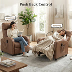 Dark brown faux leather push-back recliner armchair with side pocket and control