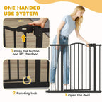 Black adjustable pet safety gate with auto-close door and one-handed latch handle