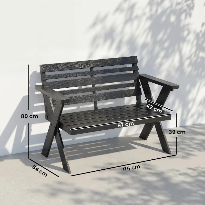 Black slatted patio bench with armrests and backrest, angled side view