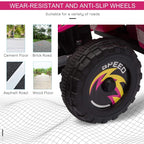 Black anti-slip tread wheels on a pink ride-on ATV quad bike