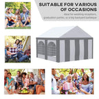 Light grey gazebo with windowed side panels and white roof, shown with event-use photos