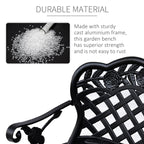 Black cast aluminum garden bench close-up of backrest lattice and scroll arm