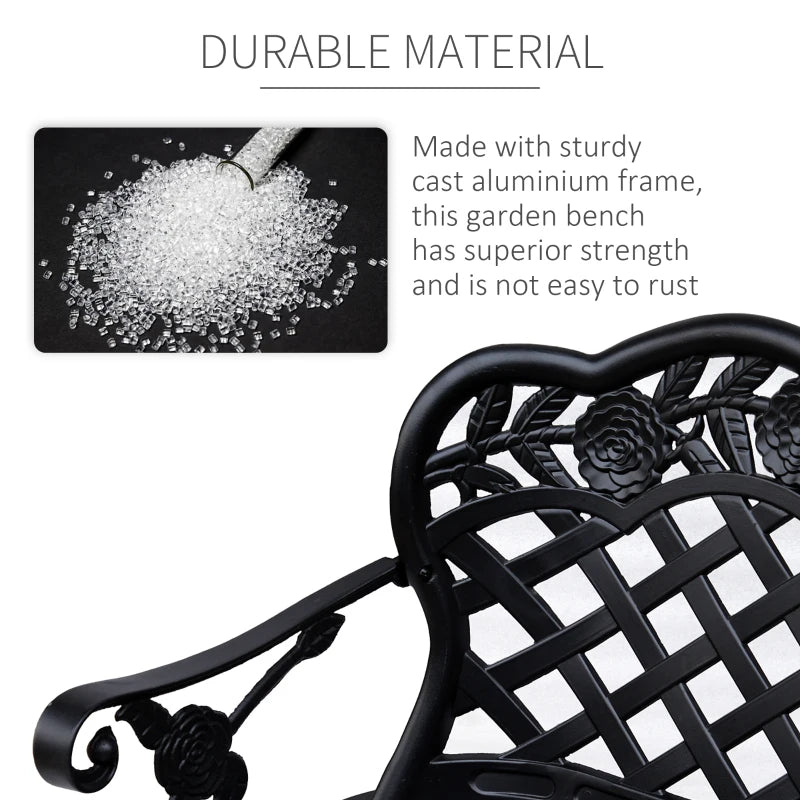 Black cast aluminum garden bench close-up of backrest lattice and scroll arm