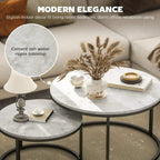 Round nesting coffee table set with light grey marble-effect tops and black metal bases
