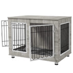 Grey indoor dog kennel with soft cushion, double doors, black wire mesh panels and base feet