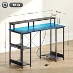 Black LED computer desk with open storage shelves and cable management