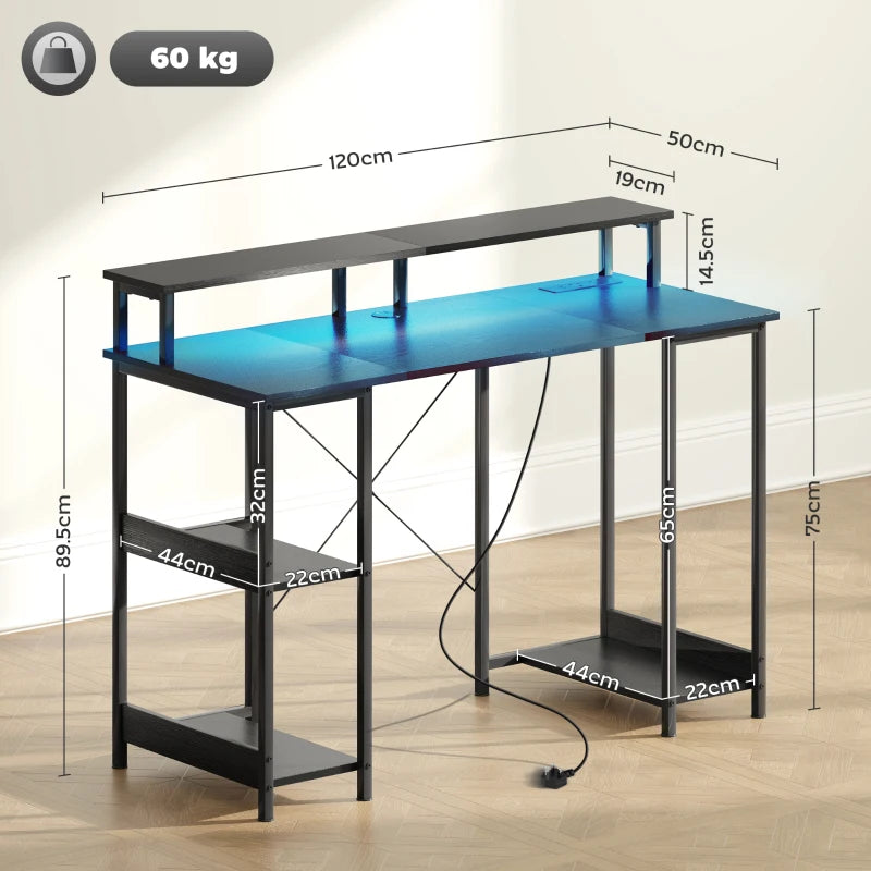 Black LED computer desk with open storage shelves and cable management