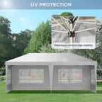 White pop-up party gazebo with steel frame supports and windowed sidewalls