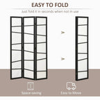 Three-panel folding privacy screen with black frame and white panels, folded for storage