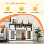 White dog crate cabinet with black bar doors and wood-look top, dog seated inside