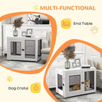 White dog cage and side table with mesh doors, shown in a living room inset