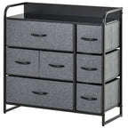 Grey fabric chest of drawers with 7 foldable drawers, black metal frame, and bar handles