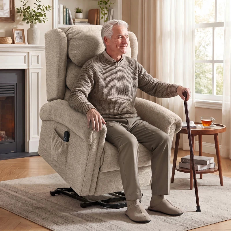 Khaki electric riser recliner chair with raised footrest, front view