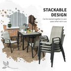 Stackable mixed grey woven rattan-style patio chair set with black steel frames and armrests