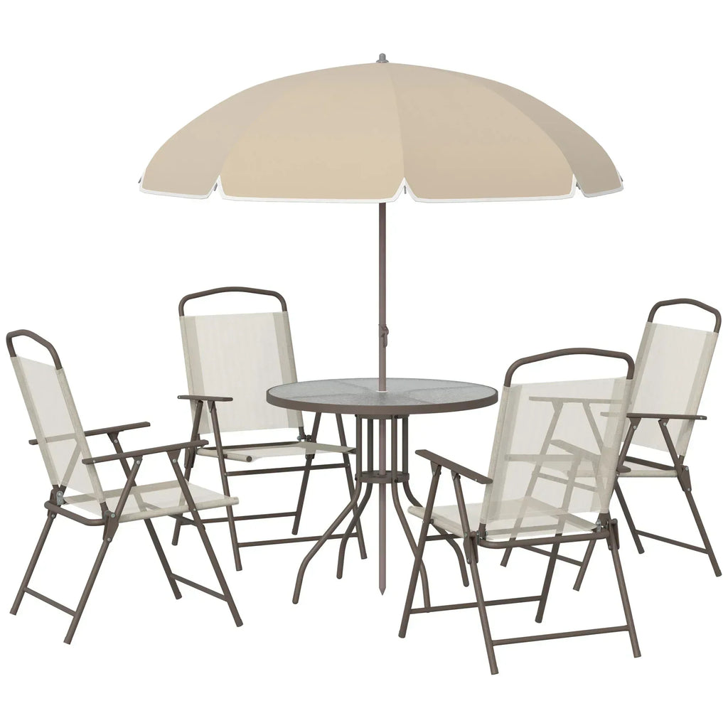 Garden Patio Texteline Folding Chairs Plus Table and Parasol Furniture Bistro Set 6 Pieces - Coffee/Cream - Bobobiy