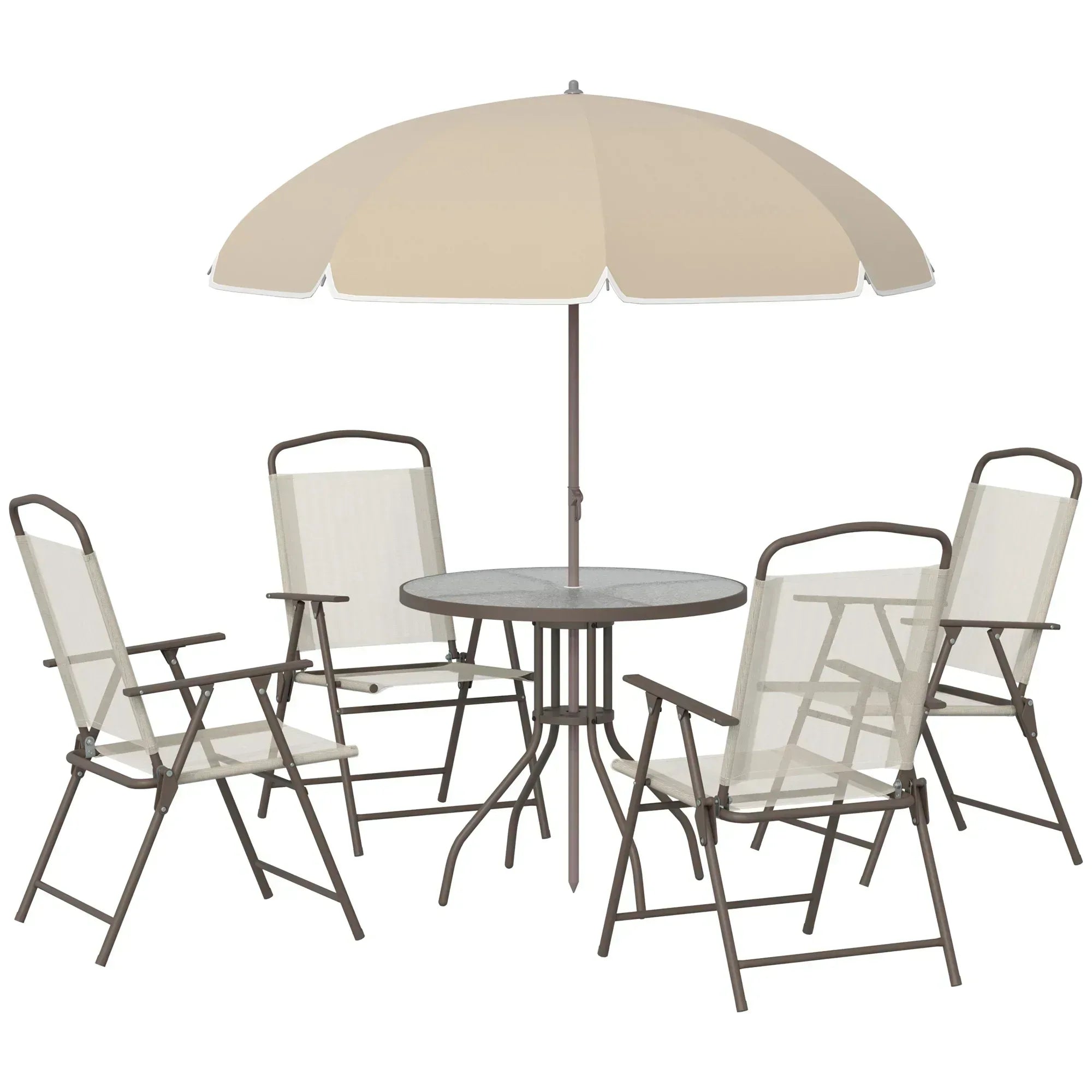 Garden Patio Texteline Folding Chairs Plus Table and Parasol Furniture Bistro Set 6 Pieces - Coffee/Cream - Bobobiy